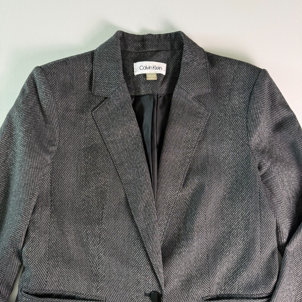 Calvin Klein Women's Herringbone Blazer, Sz 6, Gray Single Button Notched Lapel - Picture 4 of 16